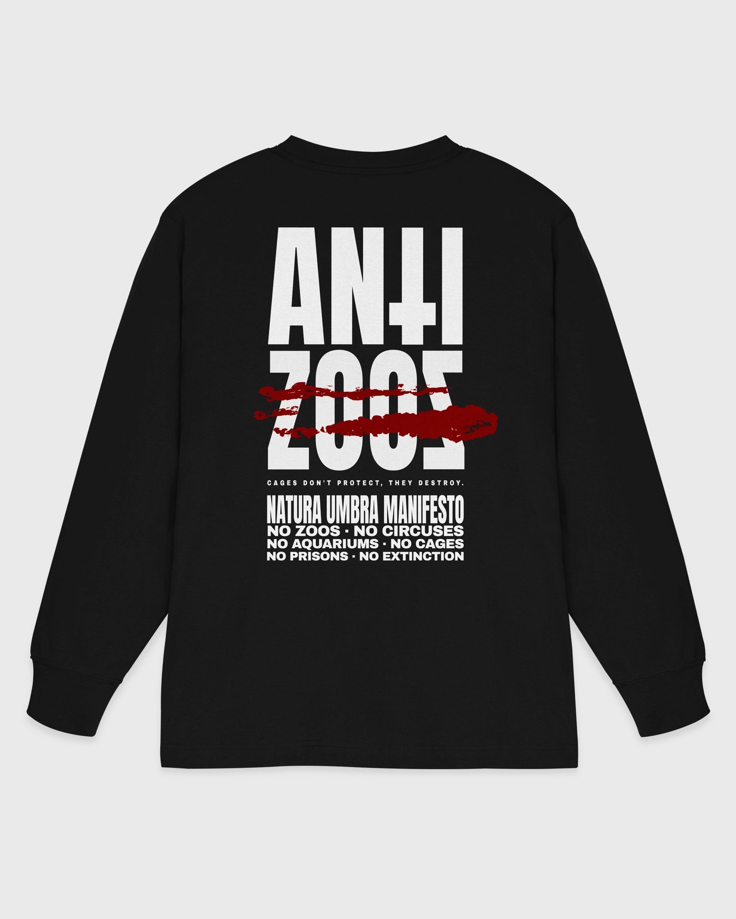 Flatlay Rückansicht – Stanley/Stella Freestyler Longsleeve in Schwarz – "Anti Zoos" Backprint – Relaxed Fit Unisex Shirt aus Bio-Baumwolle.