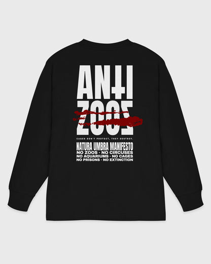 Flatlay Rückansicht – Stanley/Stella Freestyler Longsleeve in Schwarz – "Anti Zoos" Backprint – Relaxed Fit Unisex Shirt aus Bio-Baumwolle.