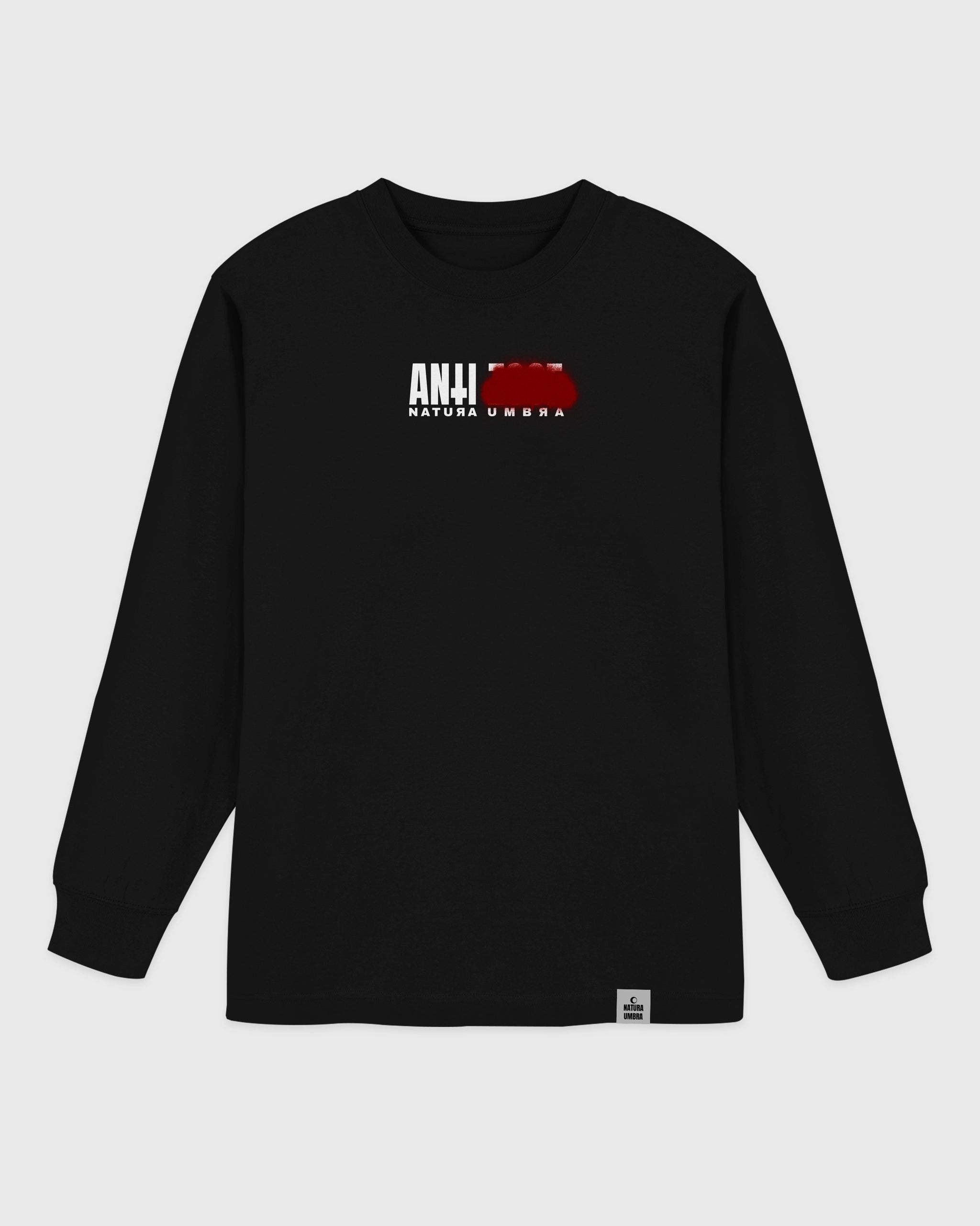 Flatlay Vorderansicht – Stanley/Stella Freestyler Longsleeve in Schwarz – kleiner "Anti Zoos" Frontprint – Relaxed Fit Unisex Shirt aus Bio-Baumwolle.