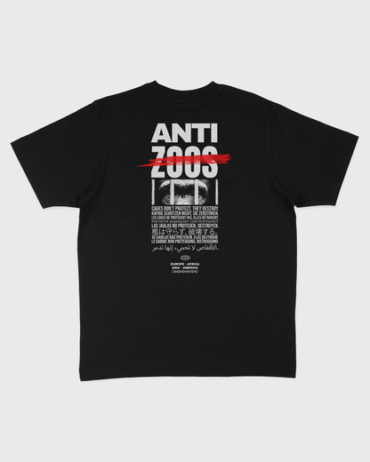 Flatlay Rückseite – Stanley/Stella Freestyler T-Shirt in Schwarz mit "Anti Zoos" Backprint – Oversized Unisex Shirt aus Bio-Baumwolle.