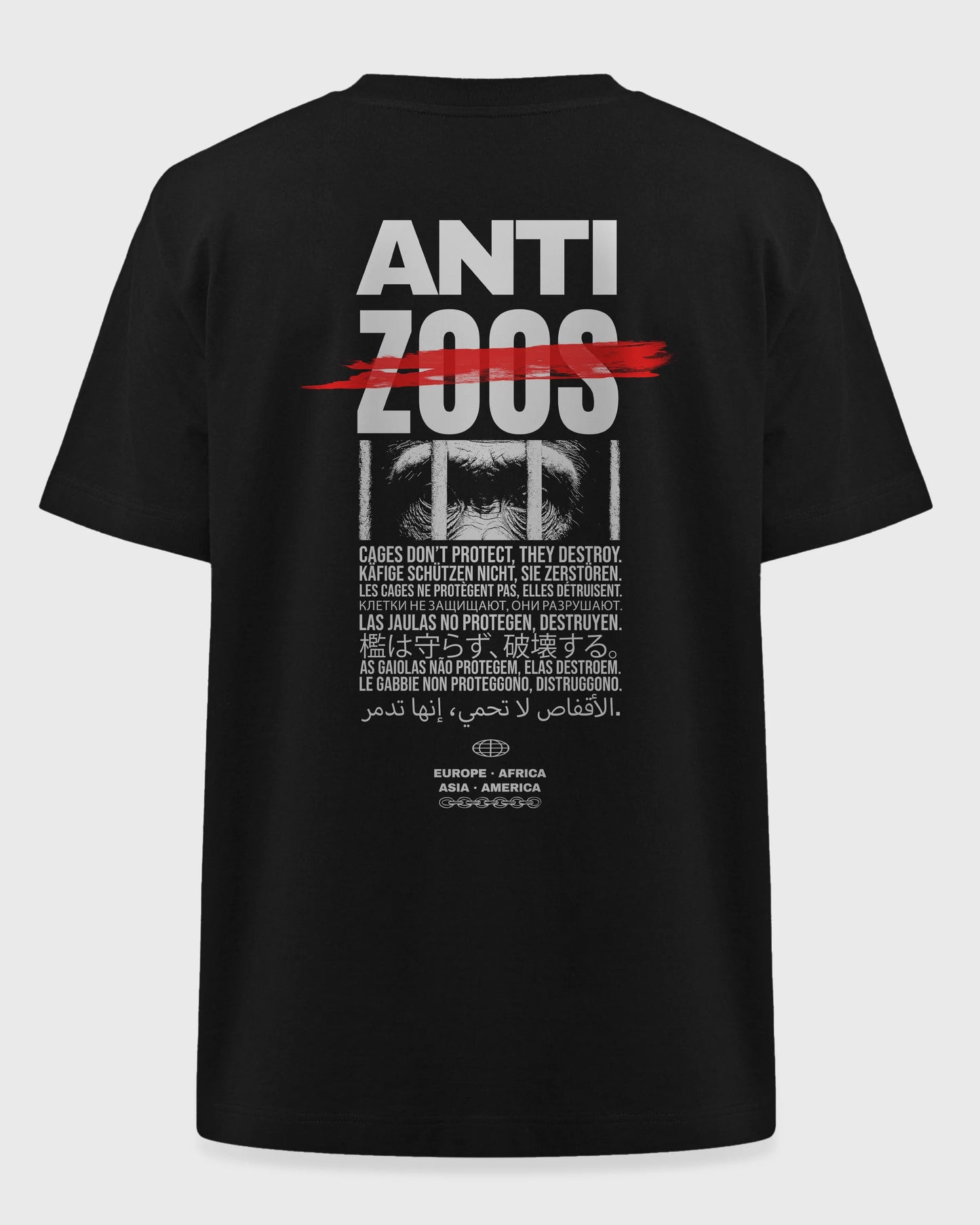 Ghost Mockup Rückseite – Stanley/Stella Freestyler T-Shirt in Schwarz mit "Anti Zoos" Backprint – Oversized Unisex Shirt aus Bio-Baumwolle.