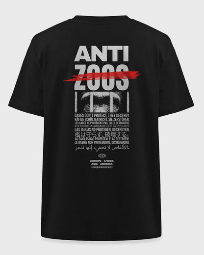 Ghost Mockup Rückseite – Stanley/Stella Freestyler T-Shirt in Schwarz mit "Anti Zoos" Backprint – Oversized Unisex Shirt aus Bio-Baumwolle.