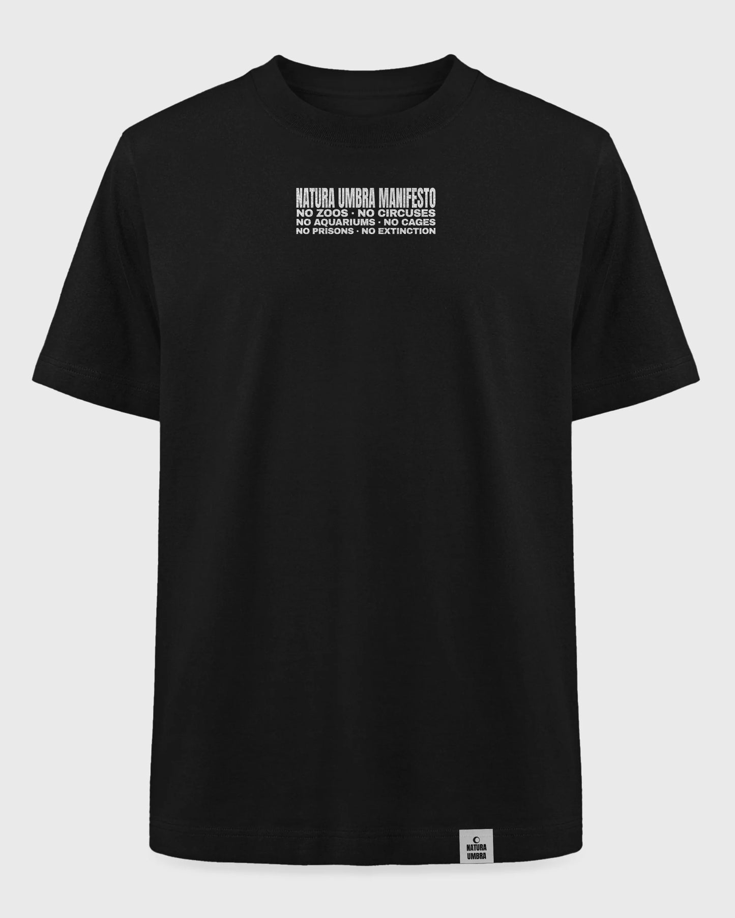 Ghost Mockup Vorderseite – Stanley/Stella Freestyler T-Shirt in Schwarz mit "Manifest" Frontprint – Oversized Unisex Shirt aus Bio-Baumwolle.