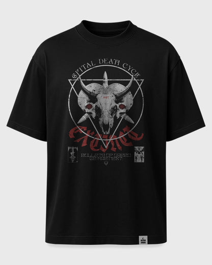 Ghost-Mockup des Stanley/Stella Blaster 2.0 Unisex T-Shirts in Schwarz mit Frontprint „Capital Death“ – rebellische Bio-Streetwear von Natura Umbra.