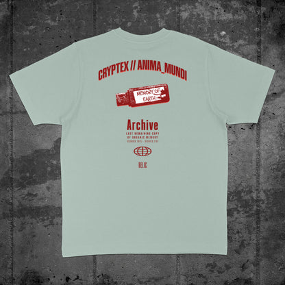 Nachhaltiges Oversized Unisex T-Shirt in Aloe mit Backprint „Relic“ – Flatlay des Stanley/Stella Freestyler von Natura Umbra.