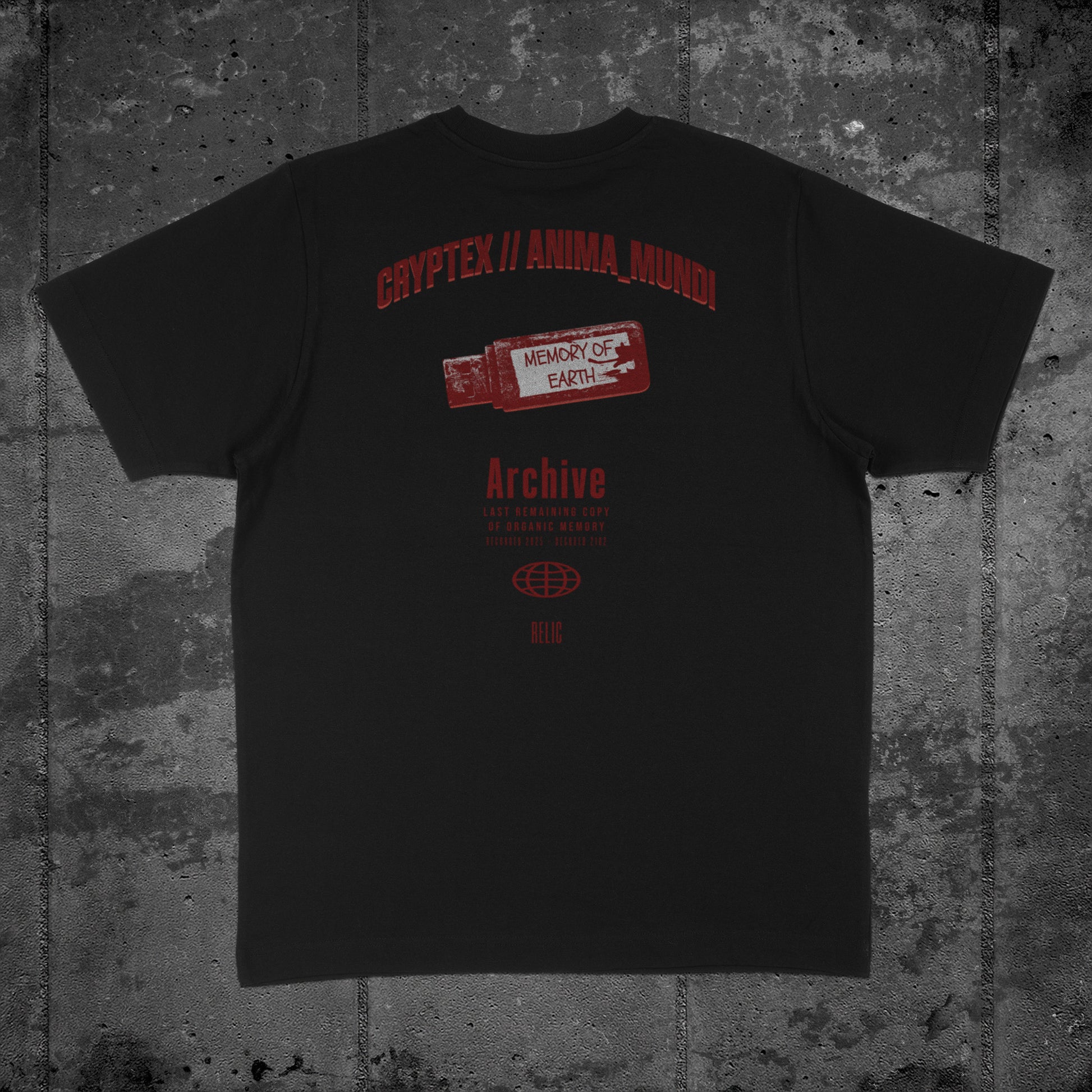 Nachhaltiges Oversized Unisex T-Shirt in Schwarz mit Backprint „Relic“ – Flatlay des Stanley/Stella Freestyler von Natura Umbra.