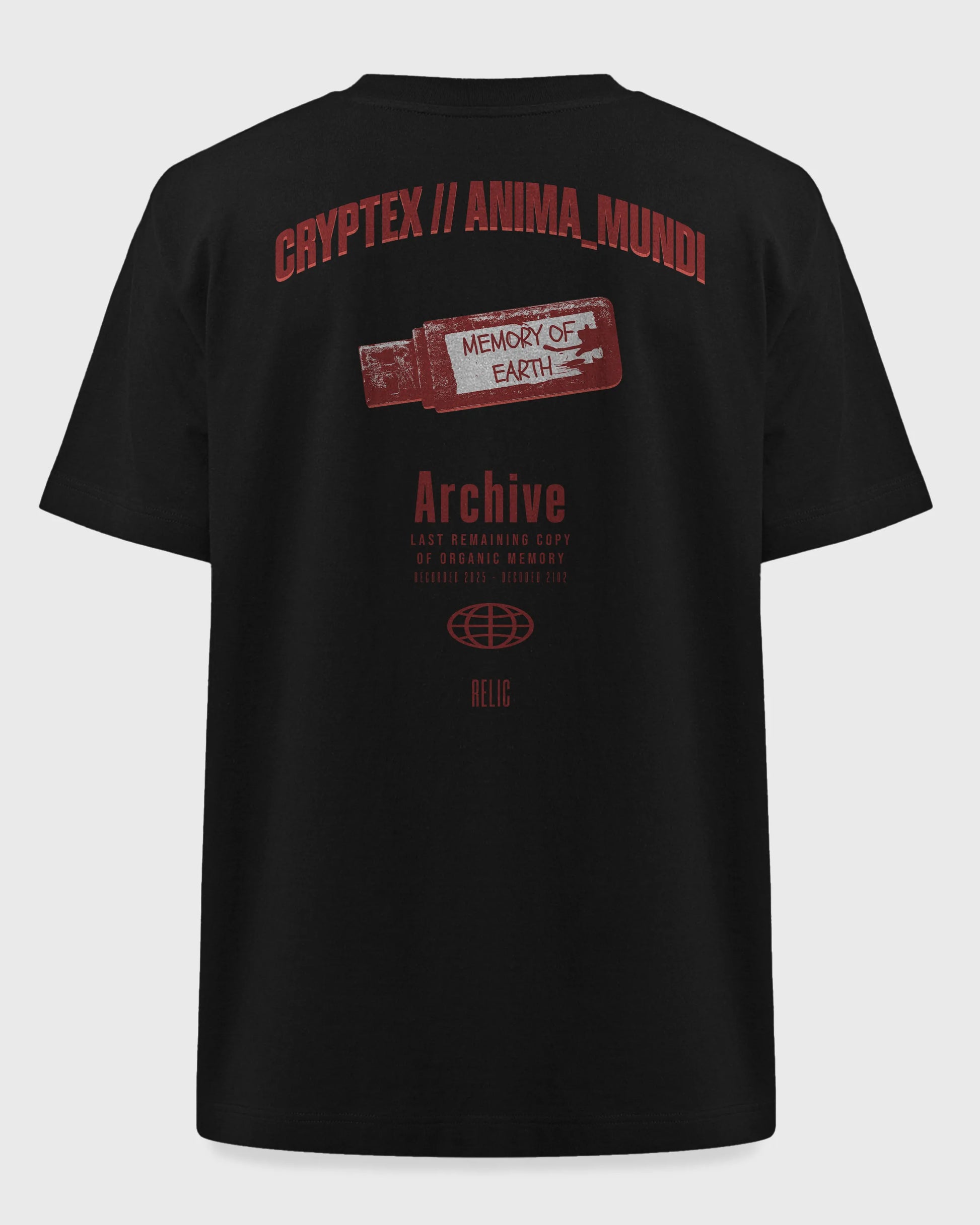 Nachhaltiges oversized Unisex T-Shirt von Natura Umbra in Schwarz mit Backprint „Relic“ – Stanley/Stella Freestyler als Ghost-Mockup.