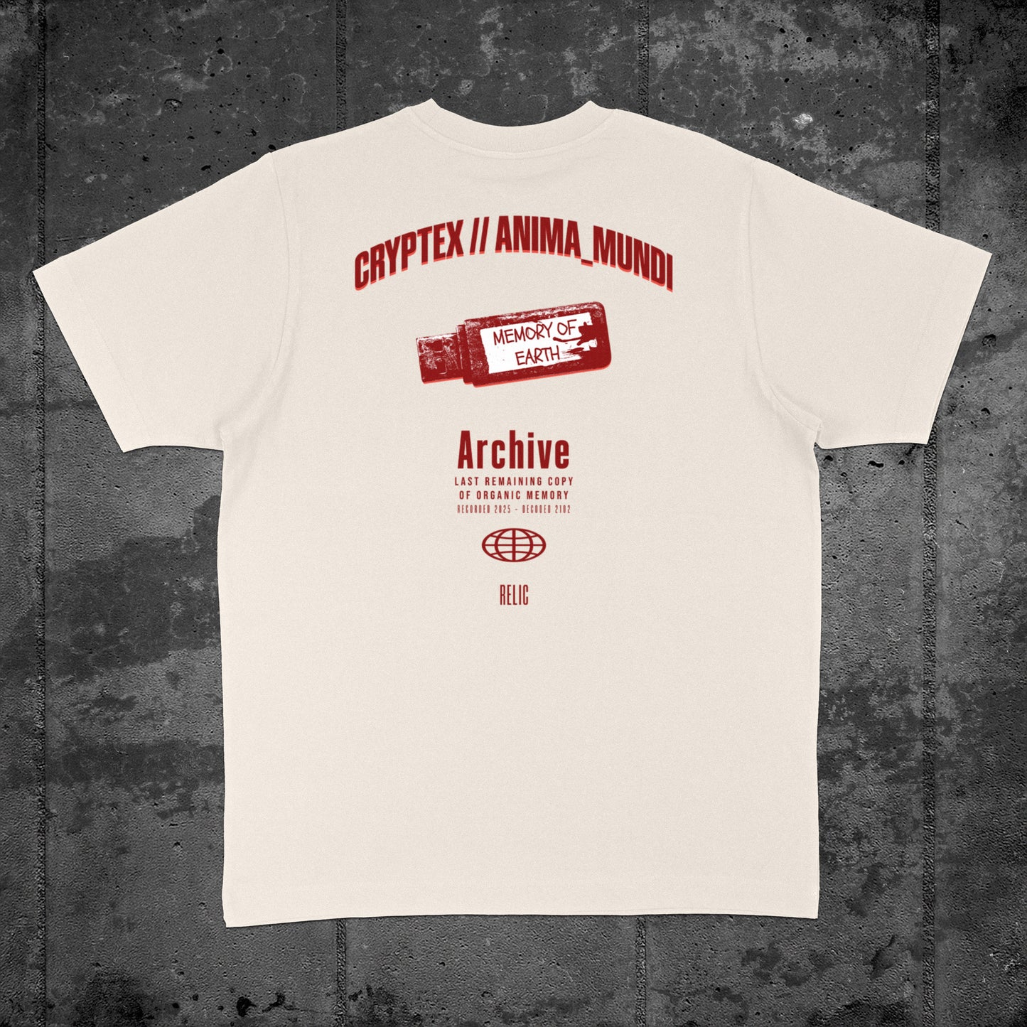 Nachhaltiges Oversized Unisex T-Shirt in Natural Raw mit Backprint „Relic“ – Flatlay des Stanley/Stella Freestyler von Natura Umbra.