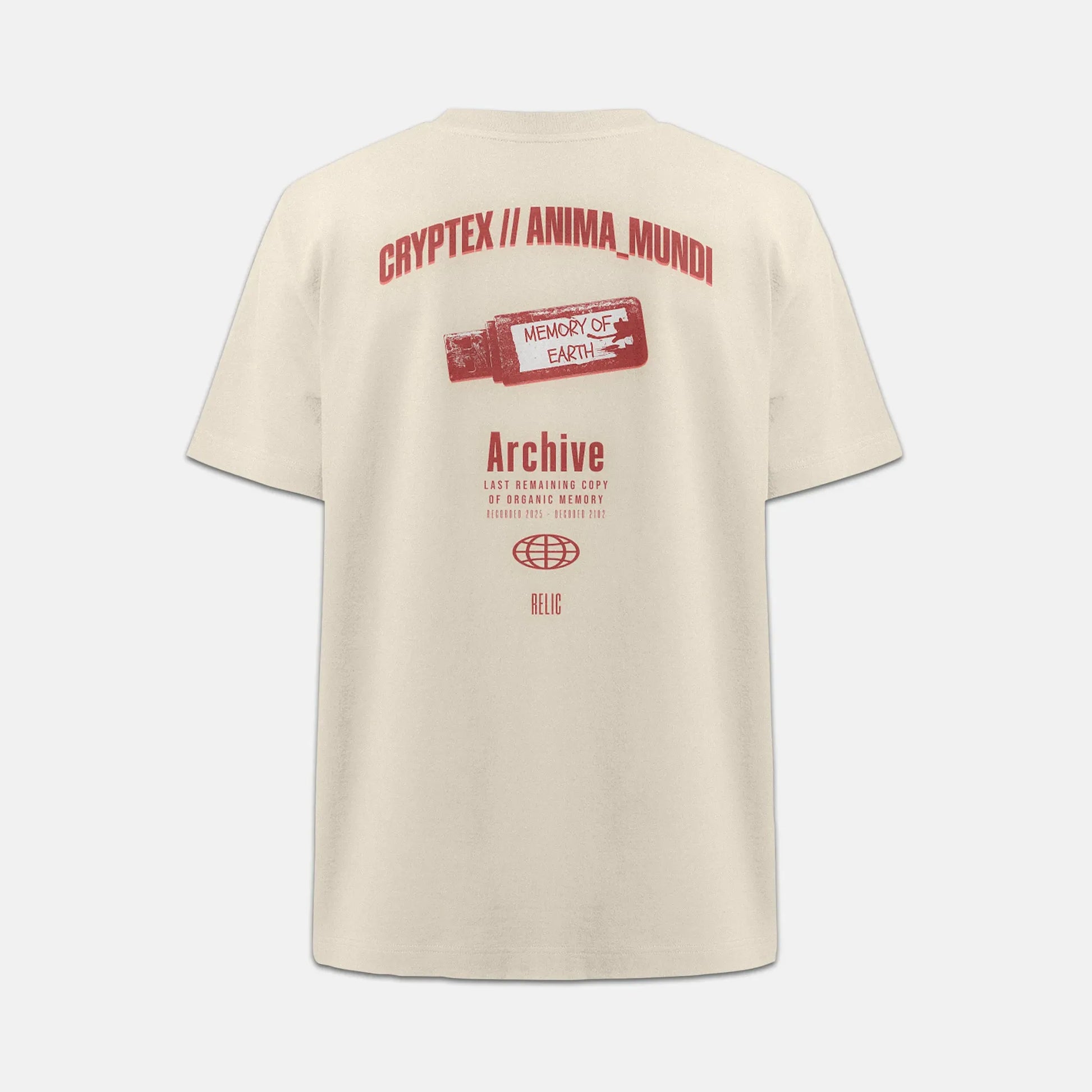 Nachhaltiges oversized Unisex T-Shirt von Natura Umbra in Natural Raw mit Backprint „Relic“ – Stanley/Stella Freestyler als Ghost-Mockup.