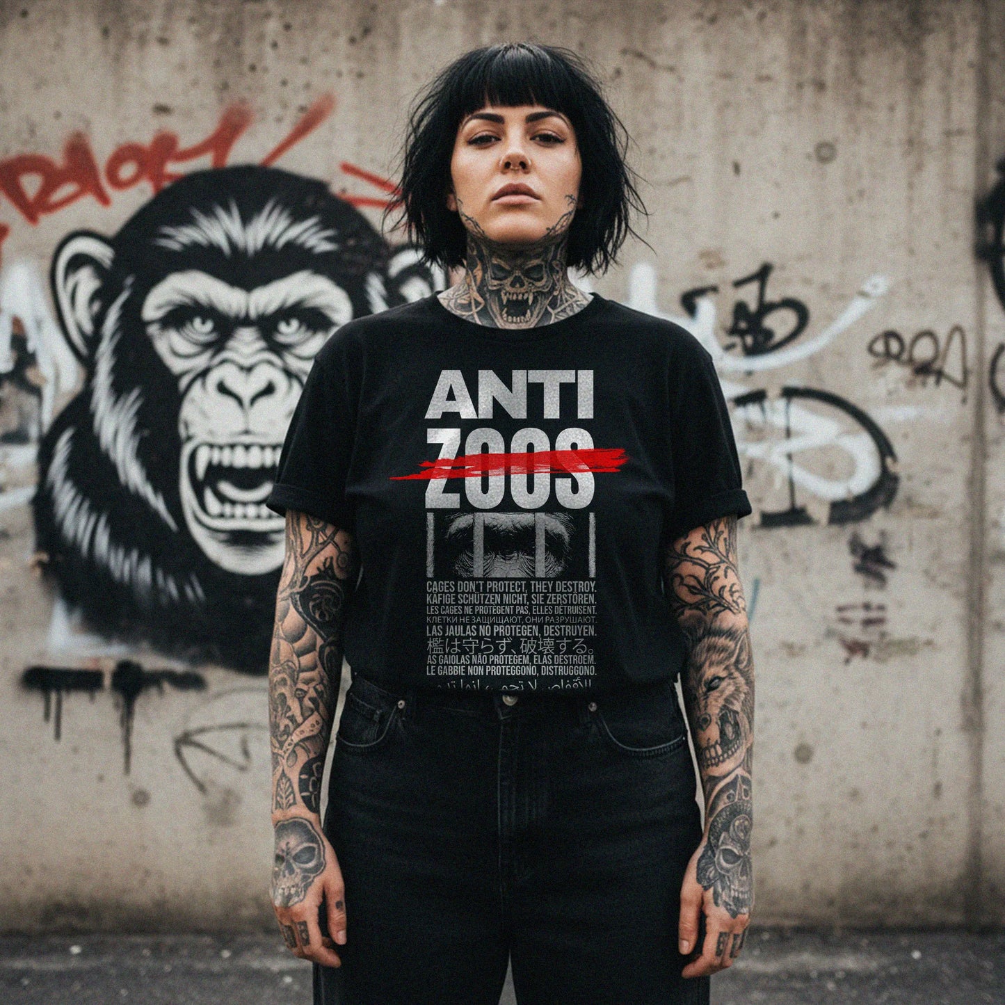 Weibliches Model mit schwarzem Stanley/Stella Rocker T-Shirt – Frontprint „Anti Zoos“, nachhaltig produziert aus Bio-Baumwolle, Label Natura Umbra.