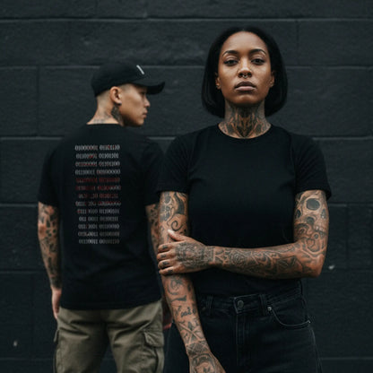 Nachhaltiges Unisex T-Shirt in Schwarz von Natura Umbra – Stanley/Stella Creator 2.0 mit digitalem Backprint „Binärcode“, getragen von zwei unterschiedlichen Models.