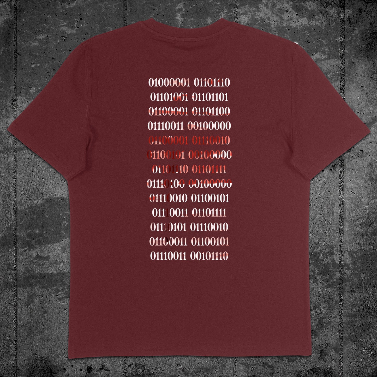 Nachhaltiges Unisex T-Shirt von Natura Umbra in Burgundy mit Backprint „Binärcode“ – Flatlay des Stanley/Stella Creator 2.0.