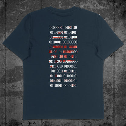 Nachhaltiges Unisex T-Shirt von Natura Umbra in French Navy mit Backprint „Binärcode“ – Flatlay des Stanley/Stella Creator 2.0.