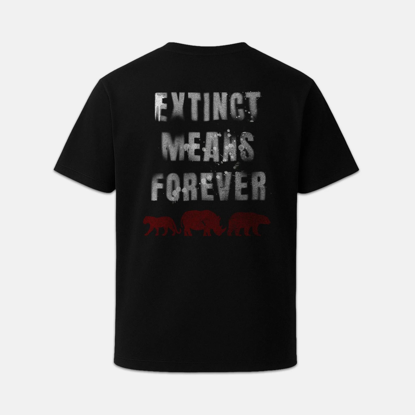 Nachhaltiges Unisex T-Shirt von Natura Umbra in Schwarz mit Backprint „Extinct means Forever“ – Stanley/Stella Creator 2.0 als Ghost-Mockup.