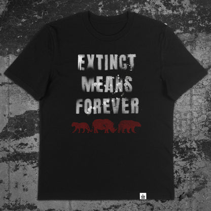 Nachhaltiges Unisex T-Shirt in Schwarz mit der Botschaft „Extinct means Forever“ – Flatlay-Mockup des Stanley/Stella Creator 2.0 von Natura Umbra.