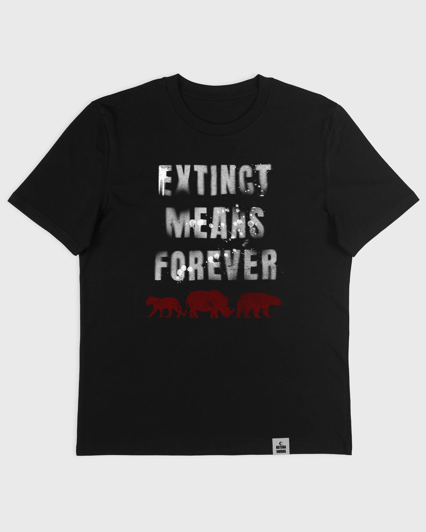 Nachhaltiges Unisex T-Shirt in Schwarz mit der Botschaft „Extinct means Forever“ – Flatlay-Mockup des Stanley/Stella Creator 2.0 von Natura Umbra.