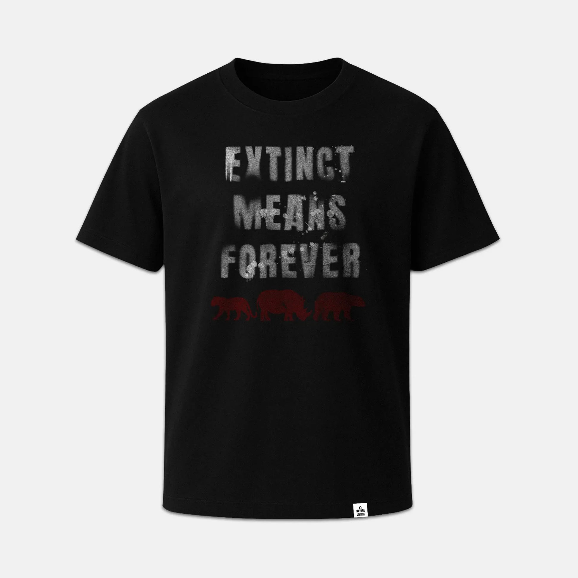 Nachhaltiges Unisex T-Shirt von Natura Umbra in Schwarz mit Frontprint „Extinct means Forever“ – Stanley/Stella Creator 2.0 als Ghost-Mockup.